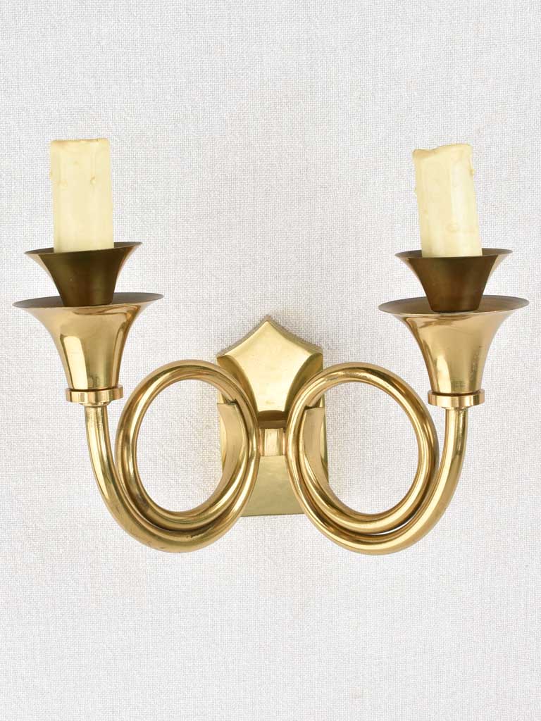 Vintage 2-light wall sconces - brass 'horn' 8"