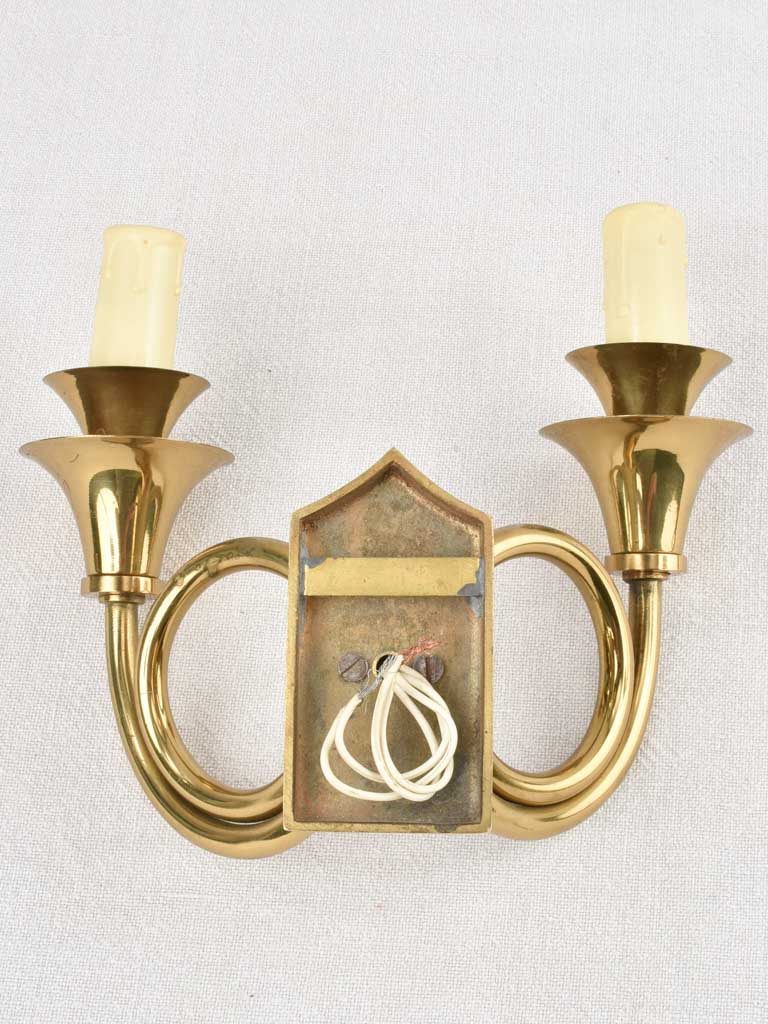 Vintage 2-light wall sconces - brass 'horn' 8"