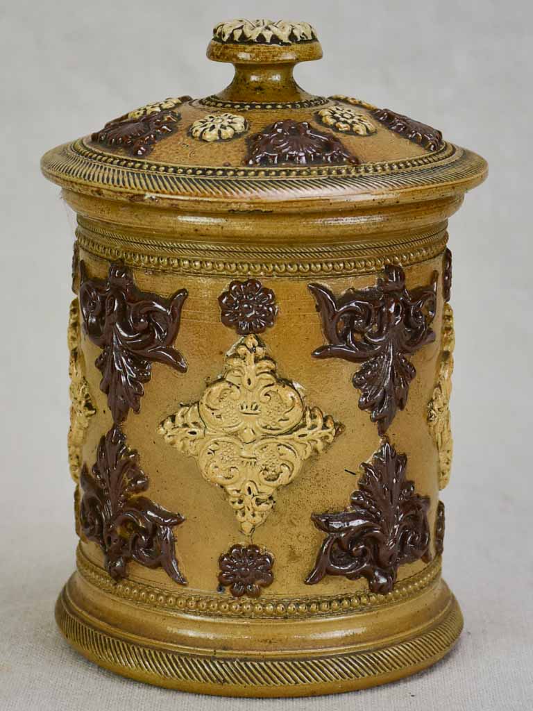 Small antique French sandstone tobacco pot with lid and decorative motifs