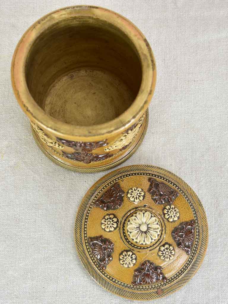 Small antique French sandstone tobacco pot with lid and decorative motifs