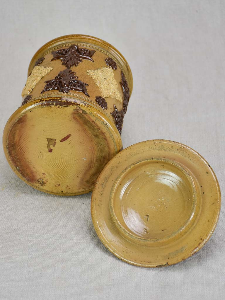 Small antique French sandstone tobacco pot with lid and decorative motifs