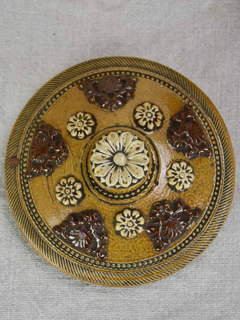 Small antique French sandstone tobacco pot with lid and decorative motifs