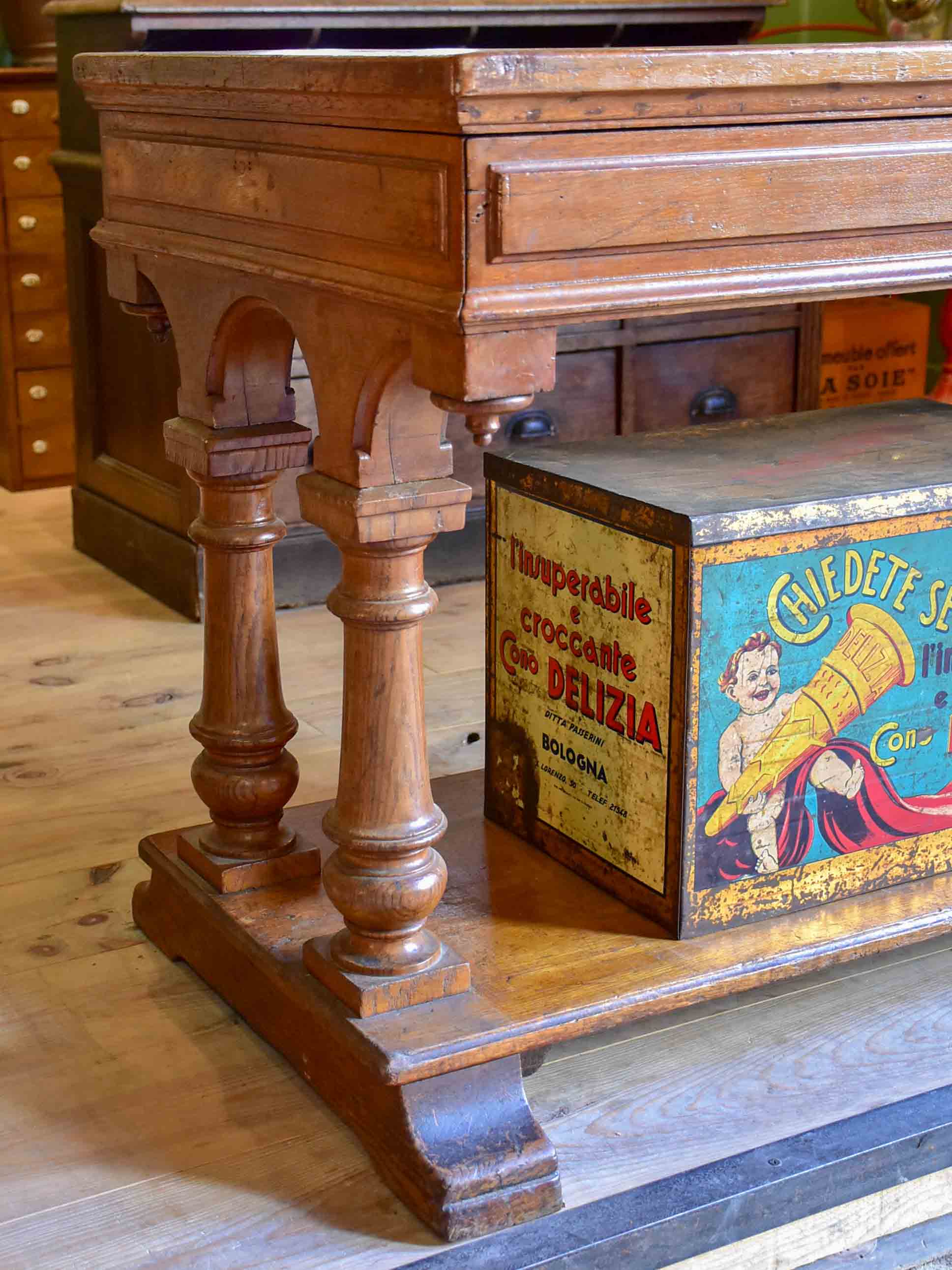 Antique French oak drapery table from a silk boutique
