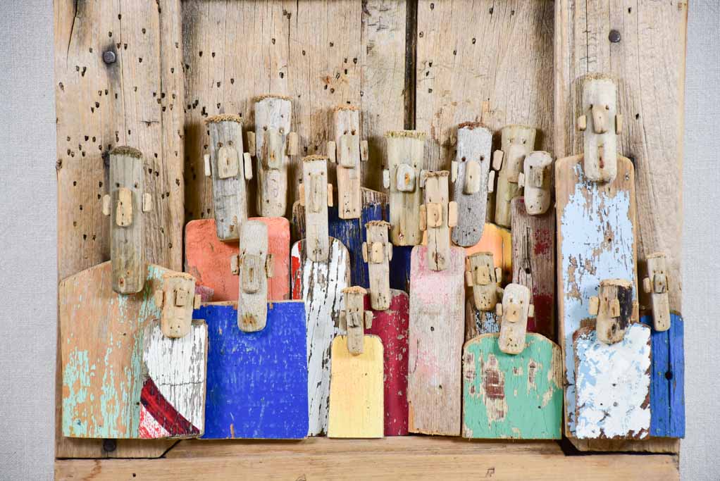 Framed driftwood totem sculpture by JP Dreano - 19 characters
