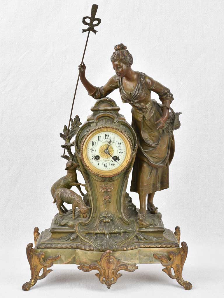 Mantel clock with woman and lambs, 19th-century