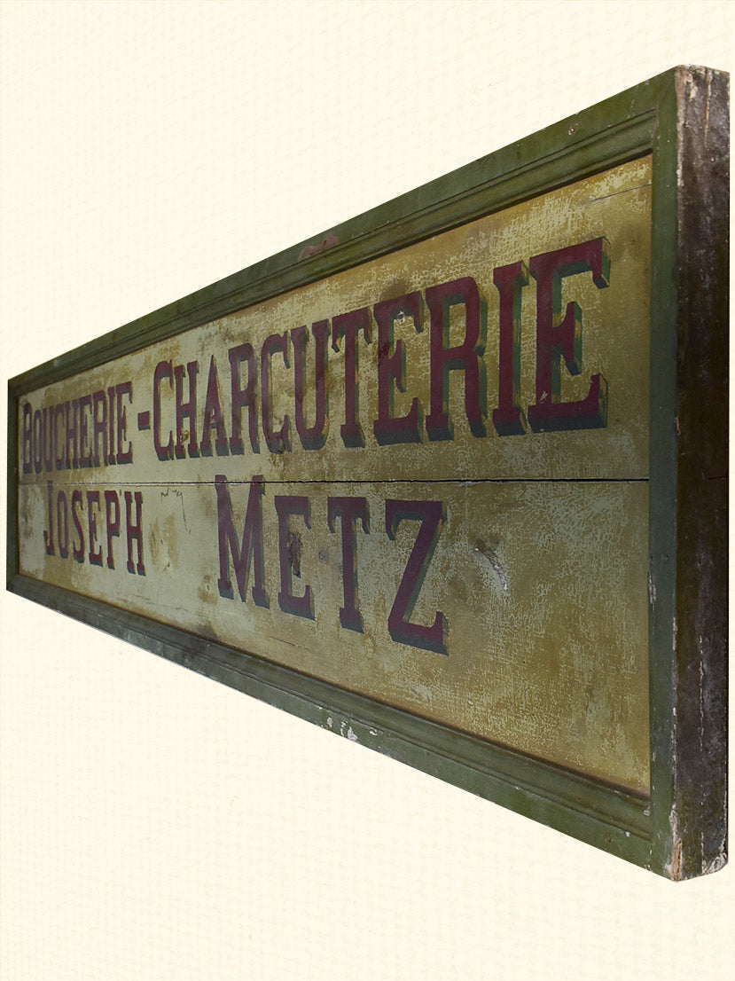 Large antique French wooden sign from a butcher's shop in Metz 21¾" x 97¾"