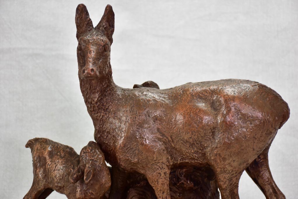 Early 20th Century clay sculpture of a deer and faun 13¾"