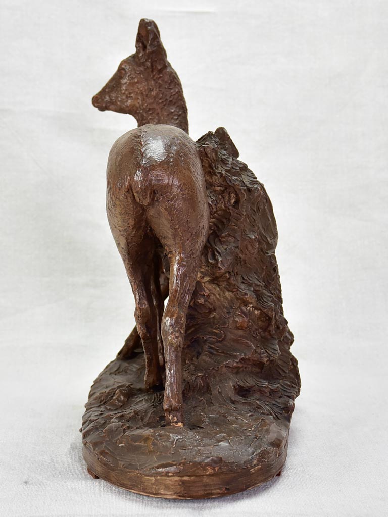 Early 20th Century clay sculpture of a deer and faun 13¾"