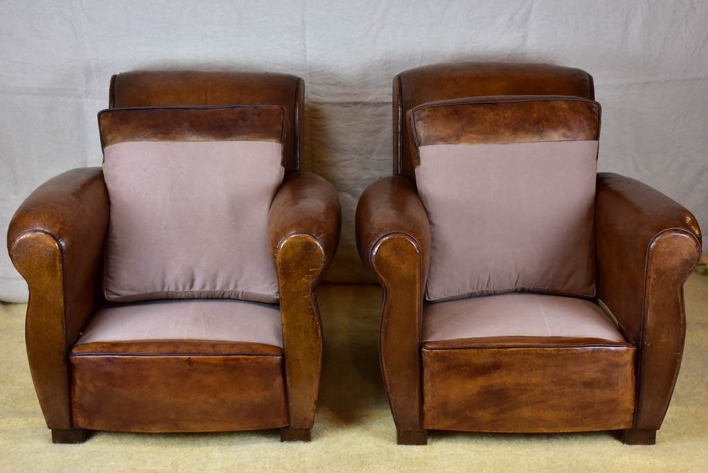 Pair of vintage French leather club chairs - 1960's