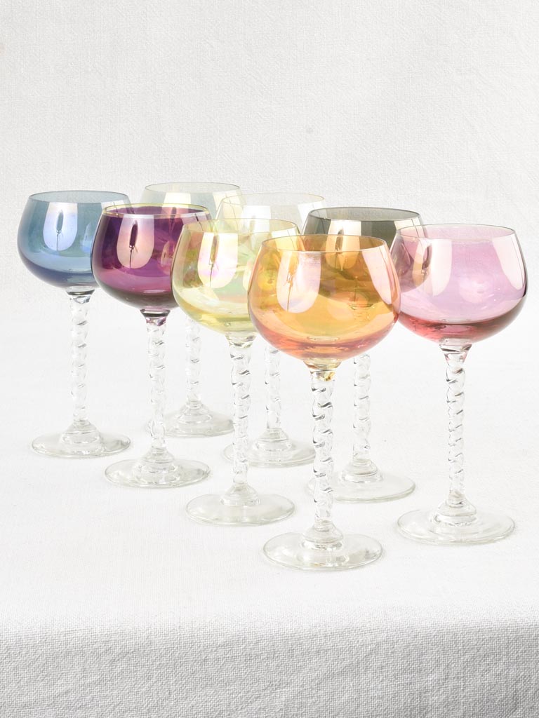 8 colored wine glasses twisted stems - 1970s