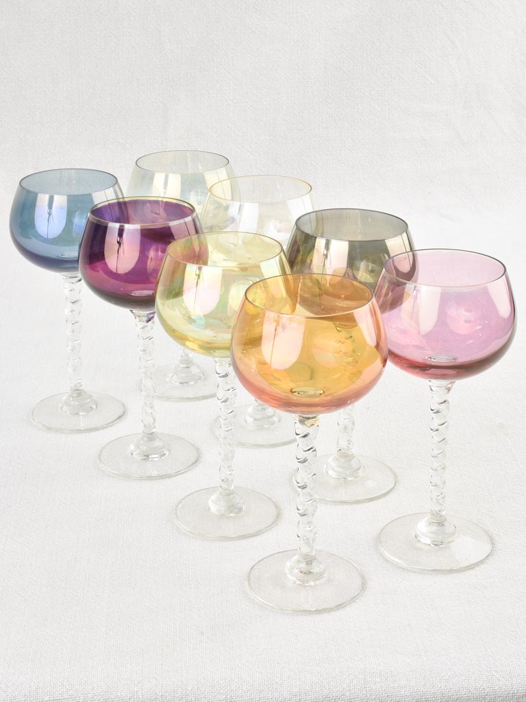 8 colored wine glasses twisted stems - 1970s