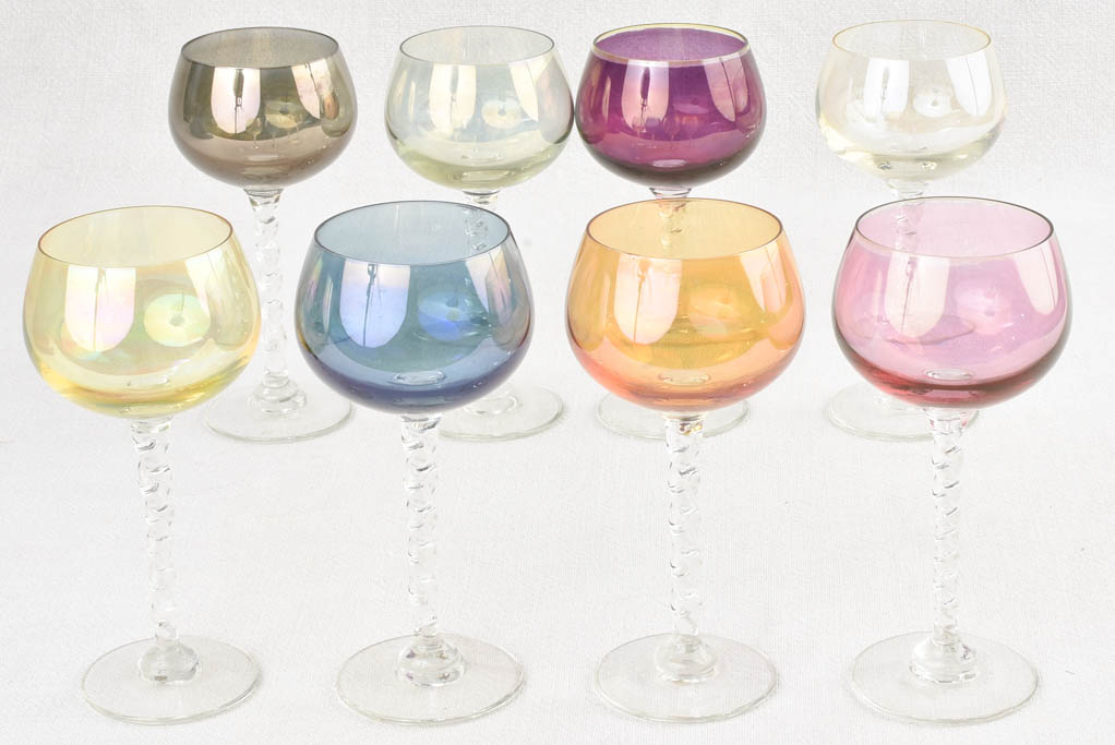 8 colored wine glasses twisted stems - 1970s