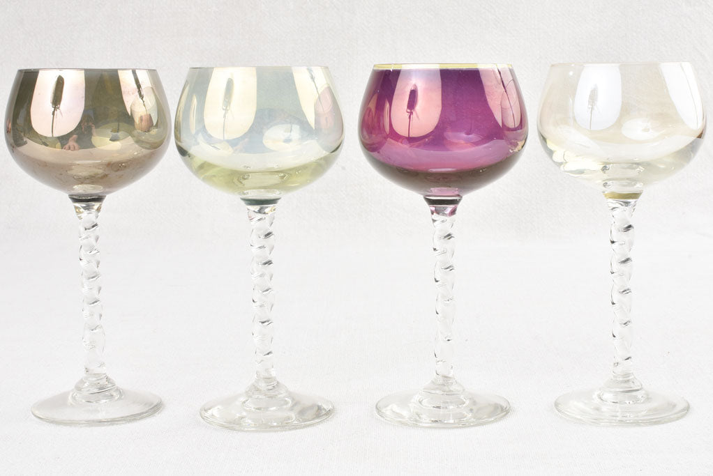 8 colored wine glasses twisted stems - 1970s