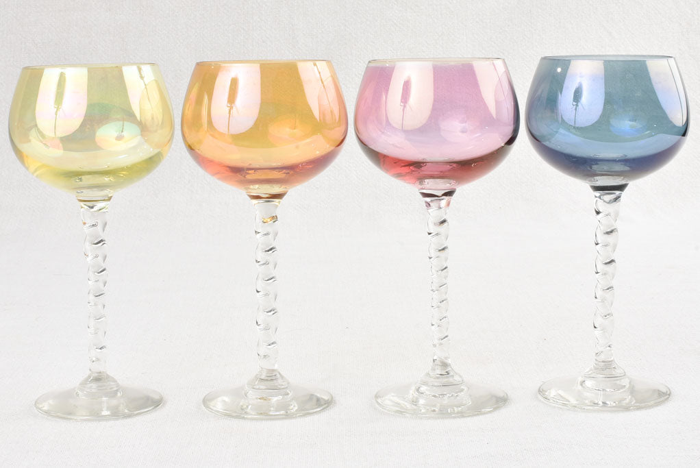8 colored wine glasses twisted stems - 1970s