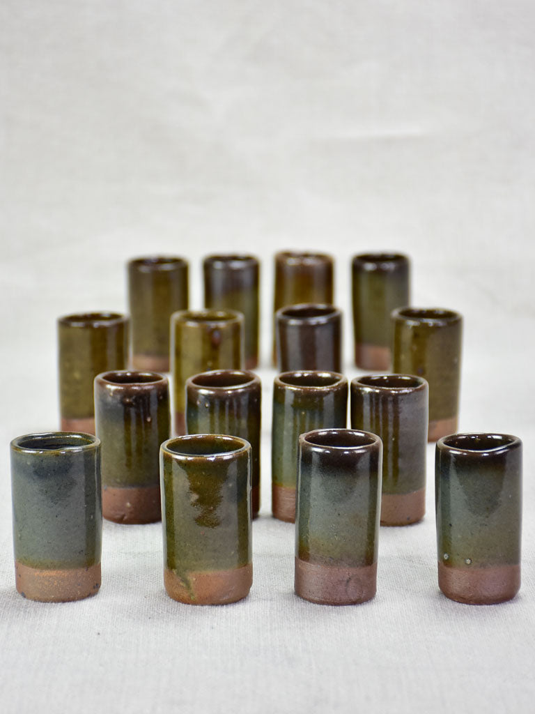 Set of 16 sandstone espresso / liqueur cups from La Borne with dark brown green and blue glaze 2¼"