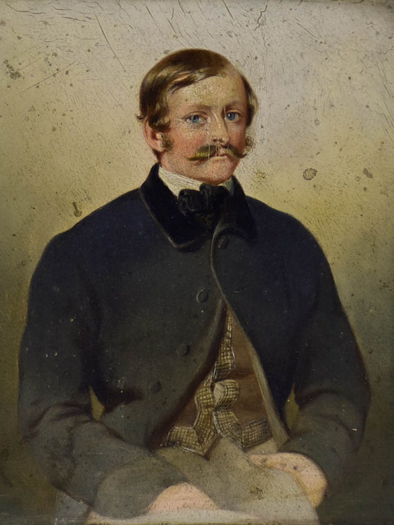 19th Century French portrait of a male in gilded frame. Oil on wood