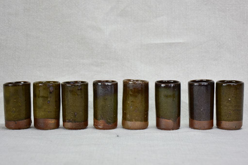 Set of 16 sandstone espresso / liqueur cups from La Borne with dark brown green and blue glaze 2¼"