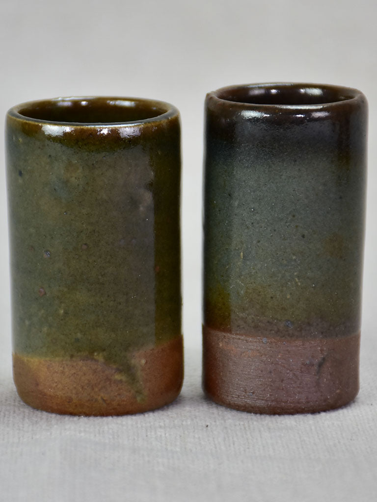 Set of 16 sandstone espresso / liqueur cups from La Borne with dark brown green and blue glaze 2¼"
