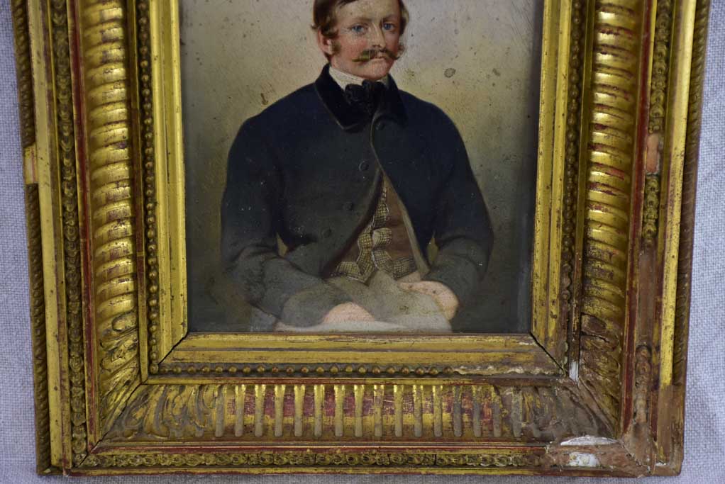 19th Century French portrait of a male in gilded frame. Oil on wood