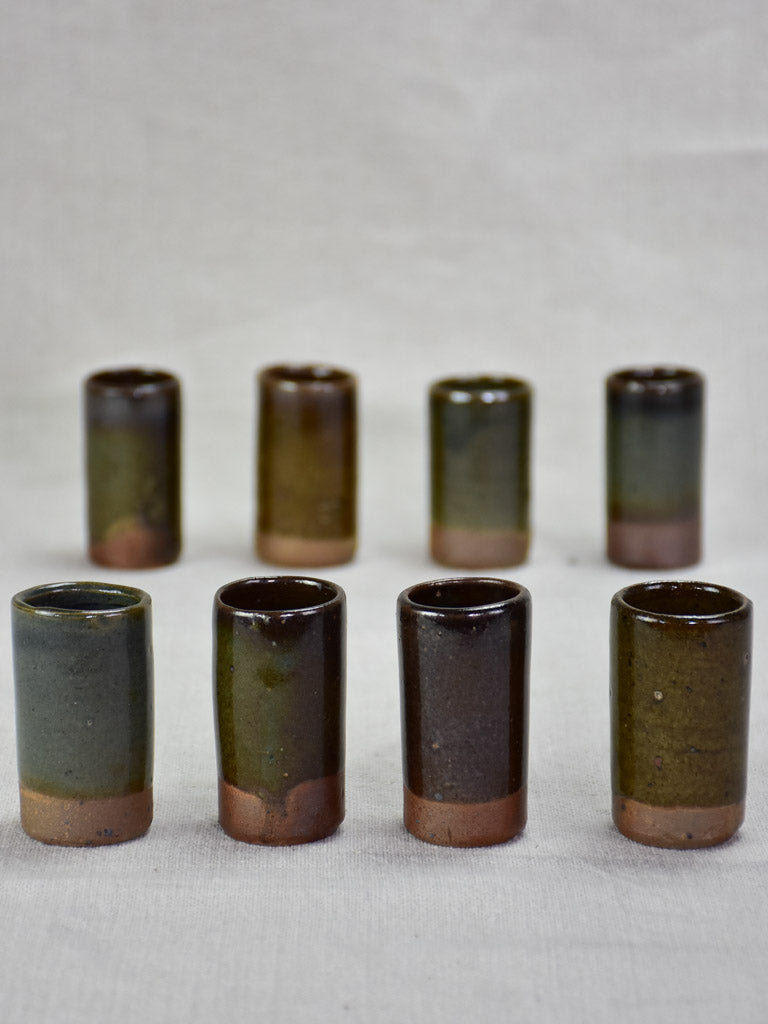 Set of 16 sandstone espresso / liqueur cups from La Borne with dark brown green and blue glaze 2¼"