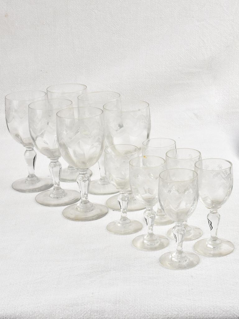 Set of 12 vintage engraved French wine glasses