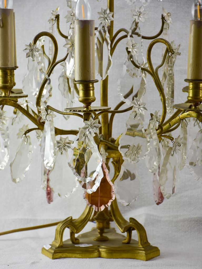 Pair of antique French crystal bronze and brass table chandeliers girandoles 22½"