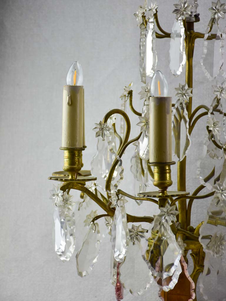 Pair of antique French crystal bronze and brass table chandeliers girandoles 22½"