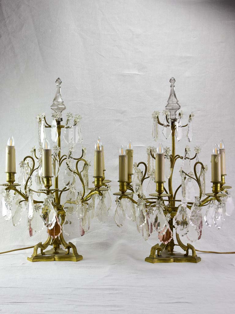 Pair of antique French crystal bronze and brass table chandeliers girandoles 22½"