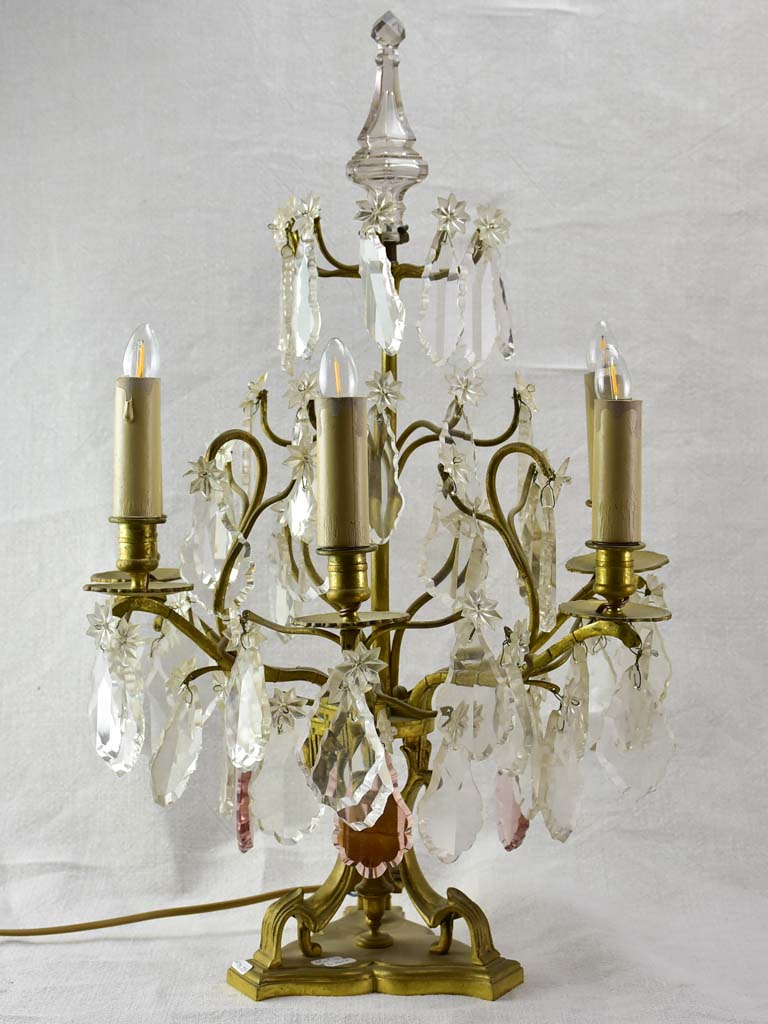 Pair of antique French crystal bronze and brass table chandeliers girandoles 22½"