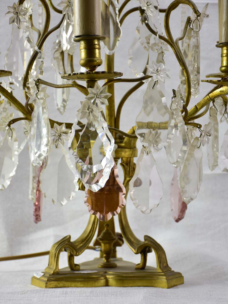Pair of antique French crystal bronze and brass table chandeliers girandoles 22½"