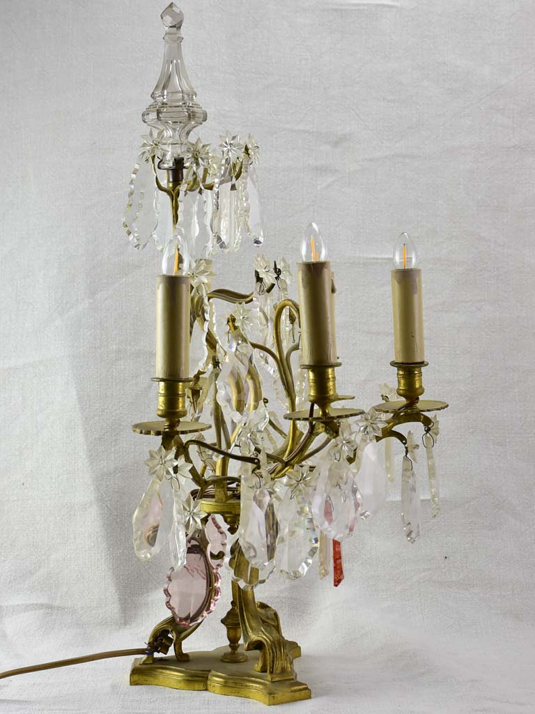 Pair of antique French crystal bronze and brass table chandeliers girandoles 22½"