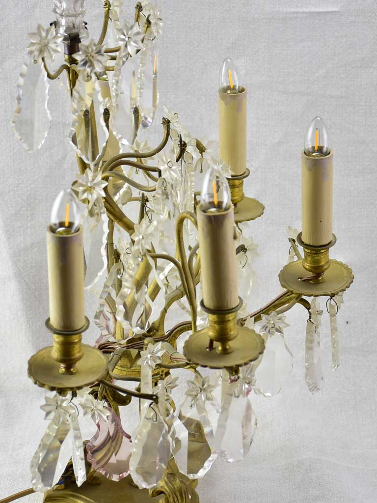 Pair of antique French crystal bronze and brass table chandeliers girandoles 22½"