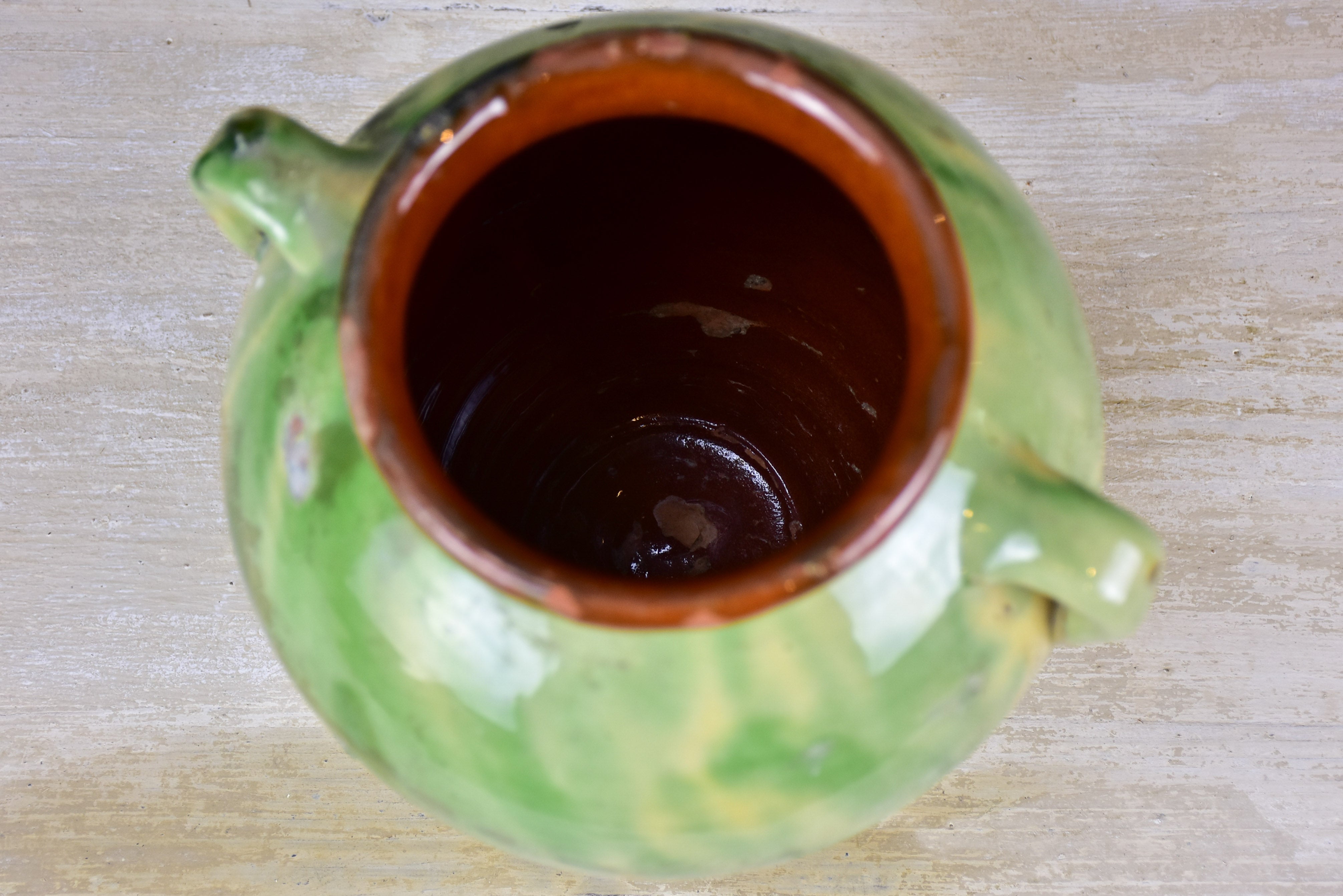 Antique confit pot with yellow and green glaze