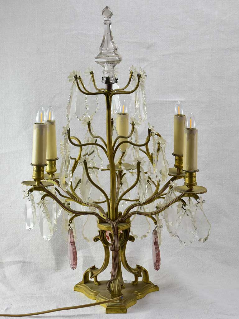 Pair of antique French crystal bronze and brass table chandeliers girandoles 22½"