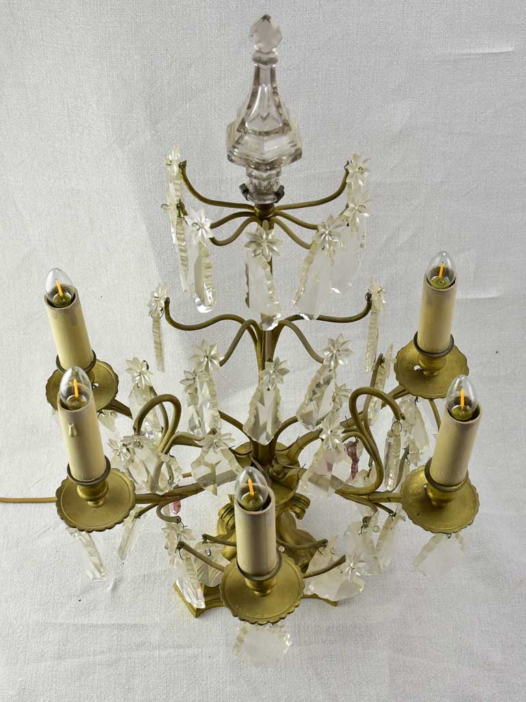 Pair of antique French crystal bronze and brass table chandeliers girandoles 22½"