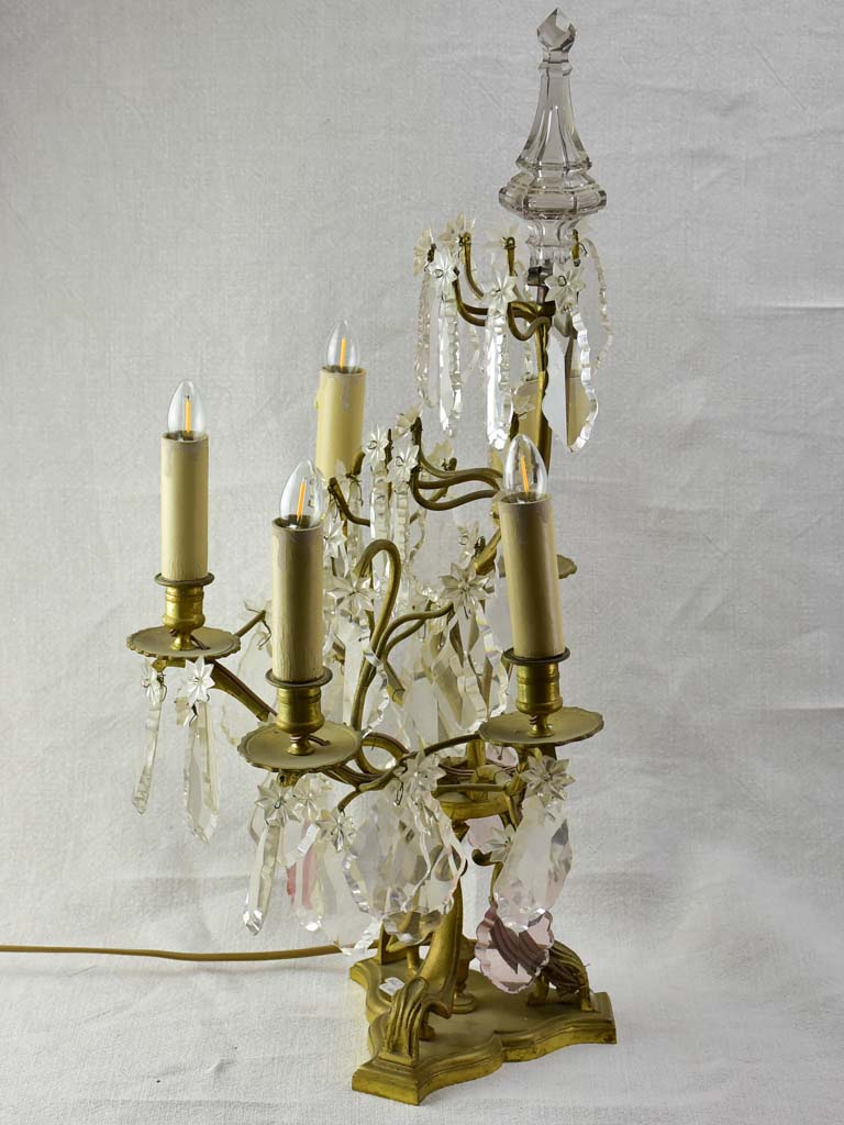 Pair of antique French crystal bronze and brass table chandeliers girandoles 22½"