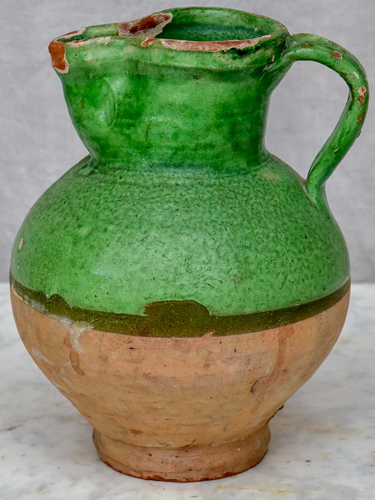 Antique French pitcher with matte green glaze