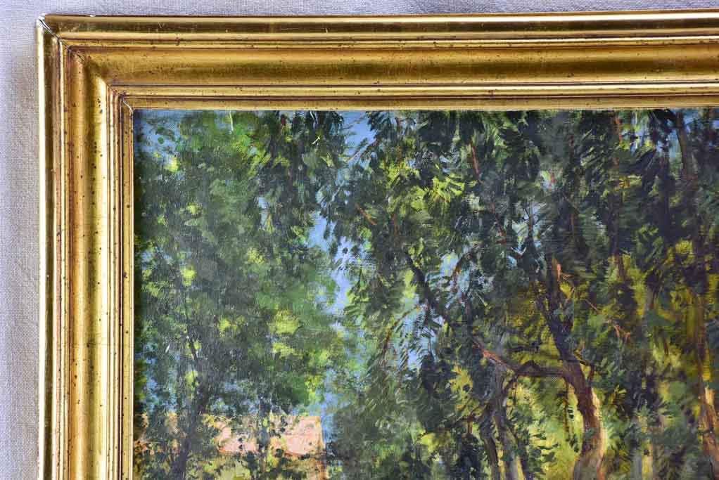 RESERVED JR Antique French painting of a farmhouse in a forest - oil on canvas. Signed A. Bailly 19" x 22"