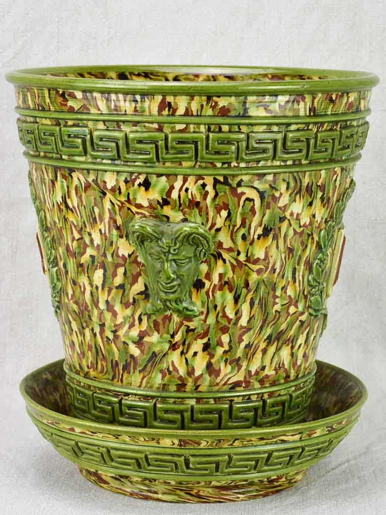 Rare cachepot from Uzes with LM monogram - marbleized green faience