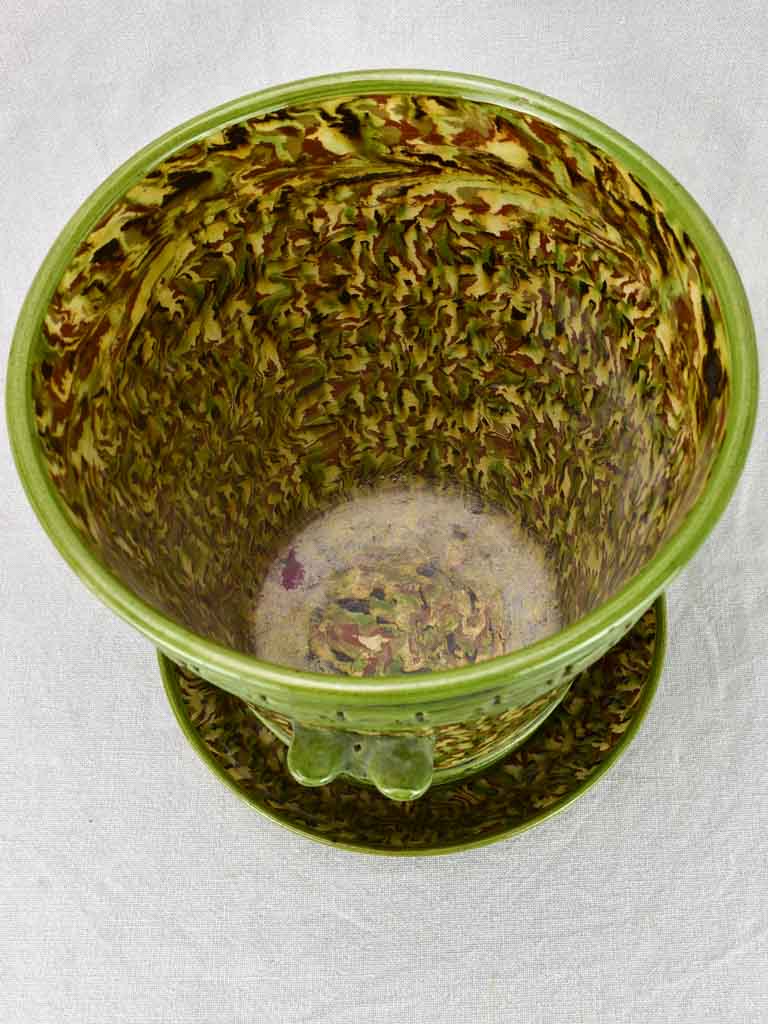 Rare cachepot from Uzes with LM monogram - marbleized green faience