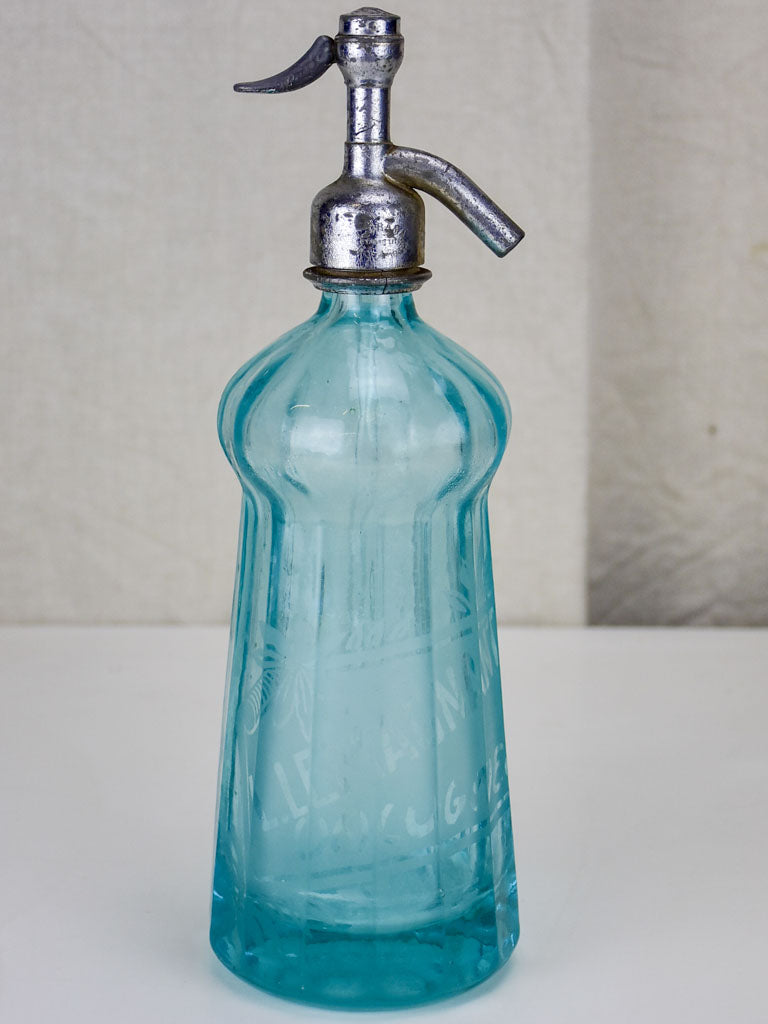 Antique French seltzer bottle - aqua blue, ribbed glass