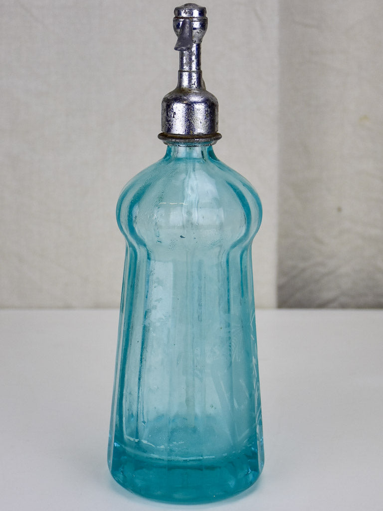 Antique French seltzer bottle - aqua blue, ribbed glass