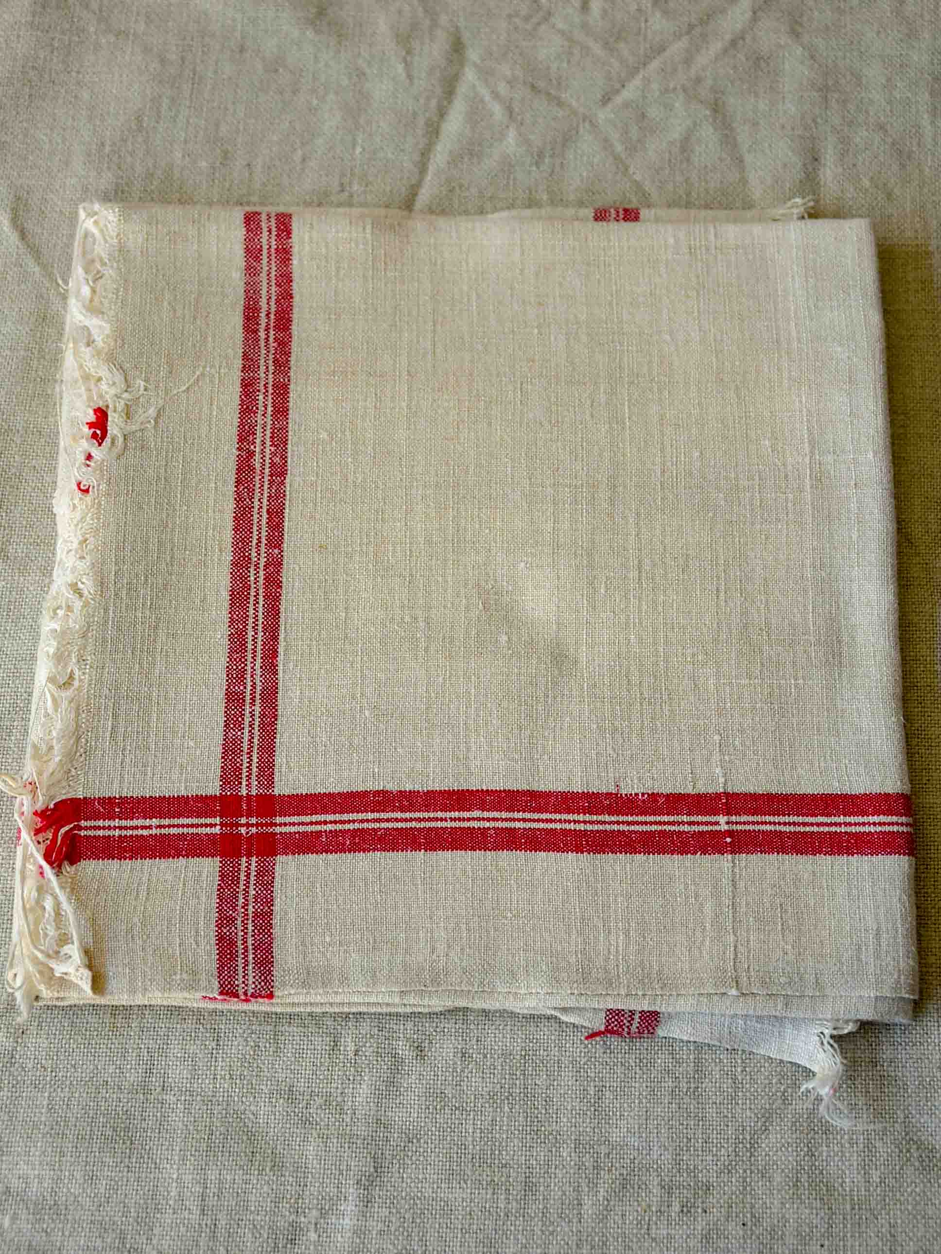 Four antique French tea towels / serviettes with red stripes