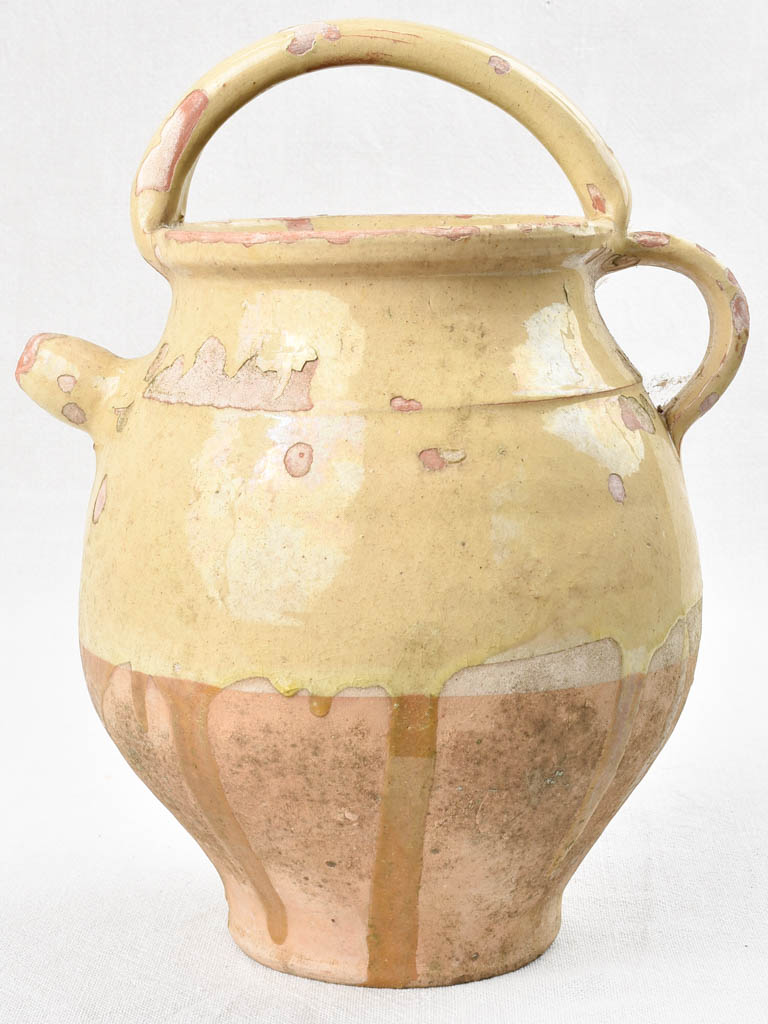 Antique French water pitcher with pale yellow glaze 13"