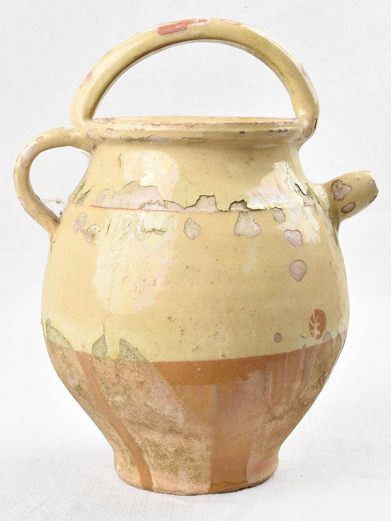 Antique French water pitcher with pale yellow glaze 13"