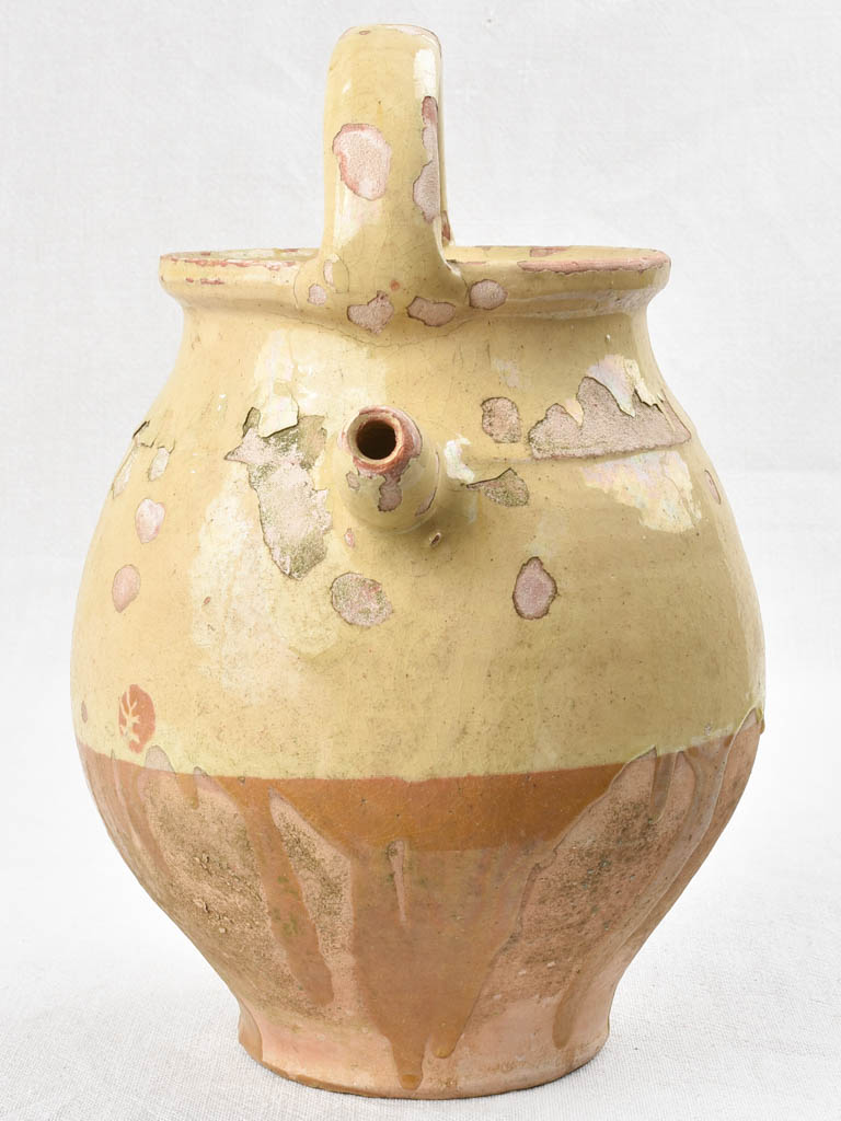 Antique French water pitcher with pale yellow glaze 13"