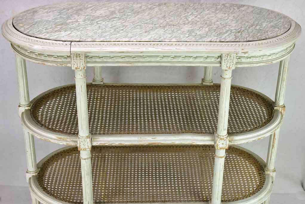 Antique French Louis XVI style oval side table with marble and cane 32¼" x 15¾"