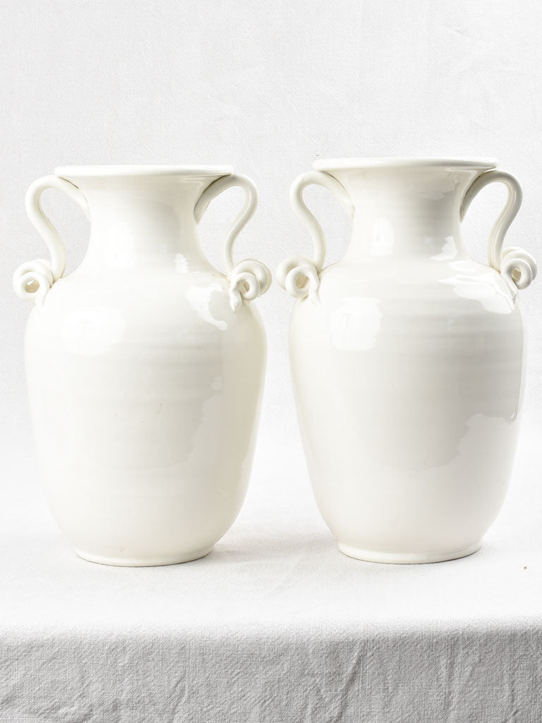 Pair white Emile Tessier vases with coil handles 14¼"