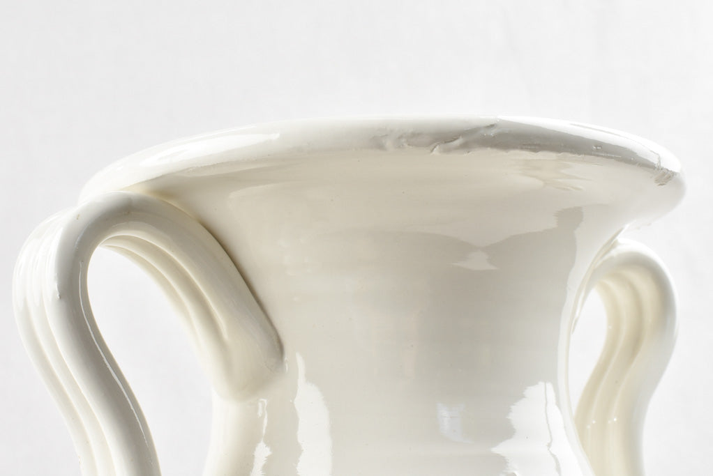 Pair white Emile Tessier vases with coil handles 14¼"
