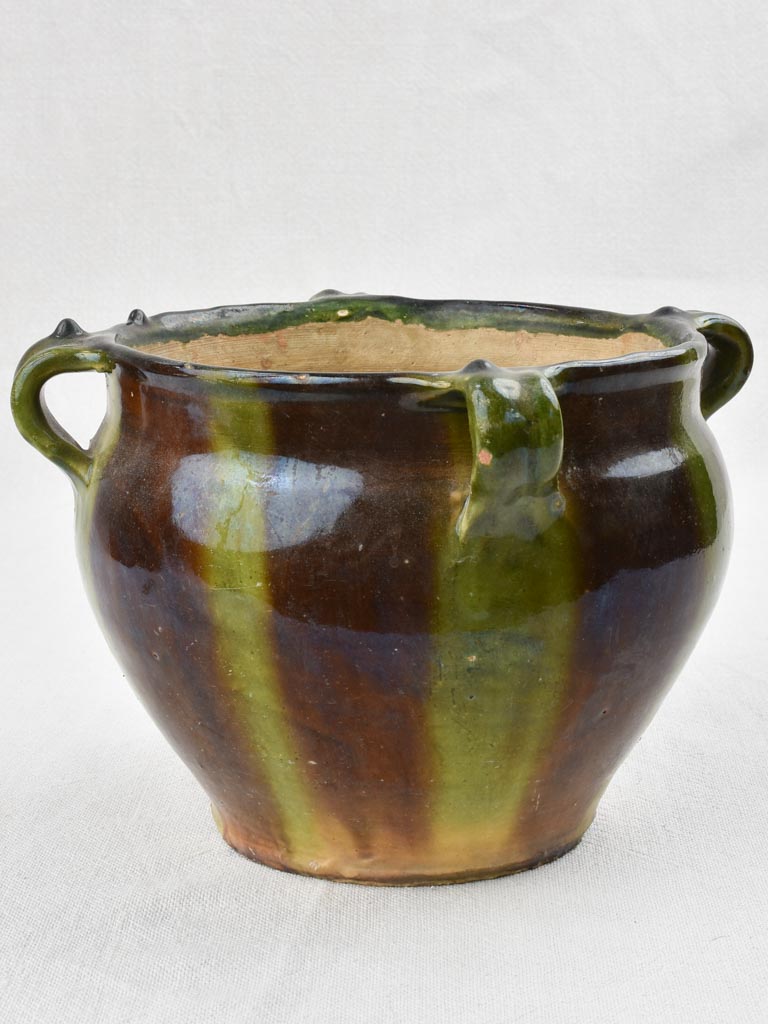 Green & black ceramic cache pot with 4 handles 8"
